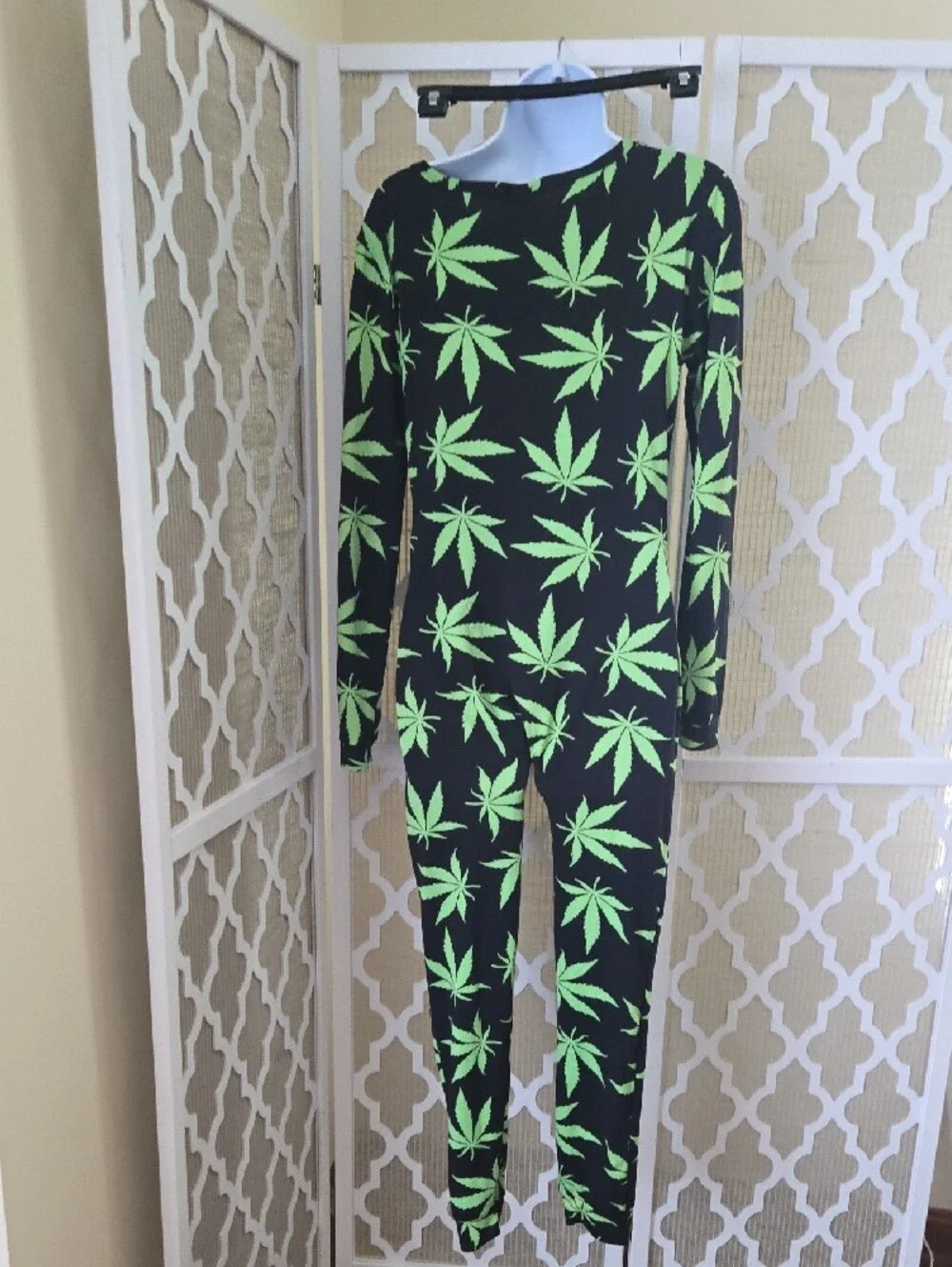420 Black Jumpsuit with Neon Green Leaf Print